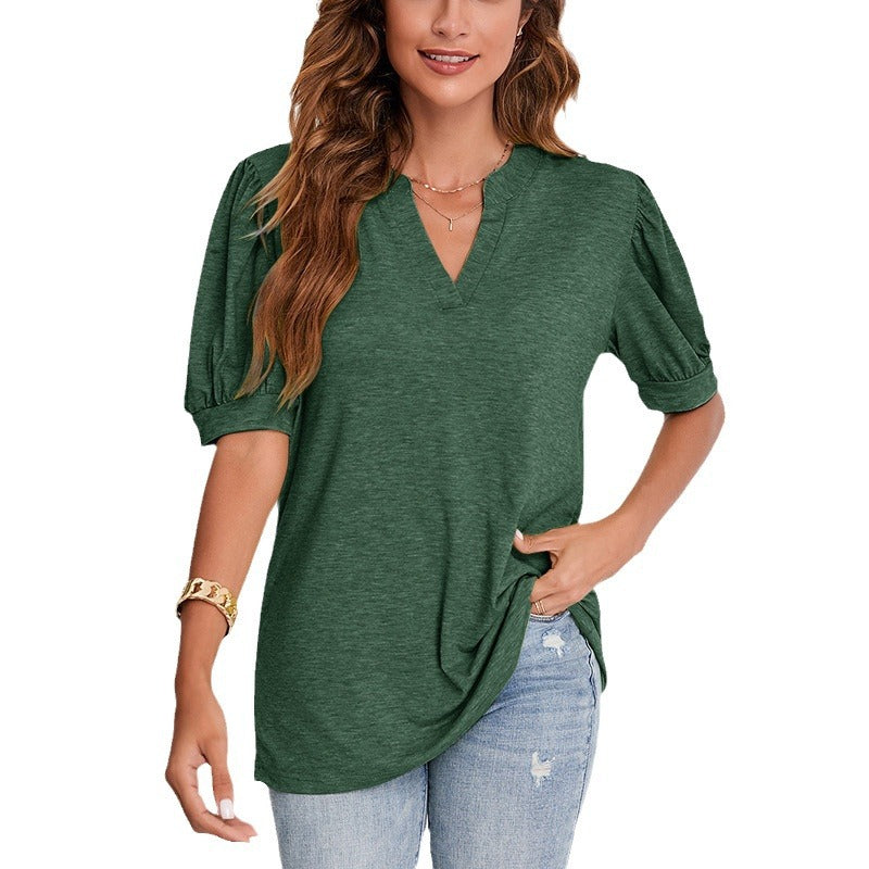 Damen V-Ausschnitt Kurzarmshirt mit Puffärmeln Sovae