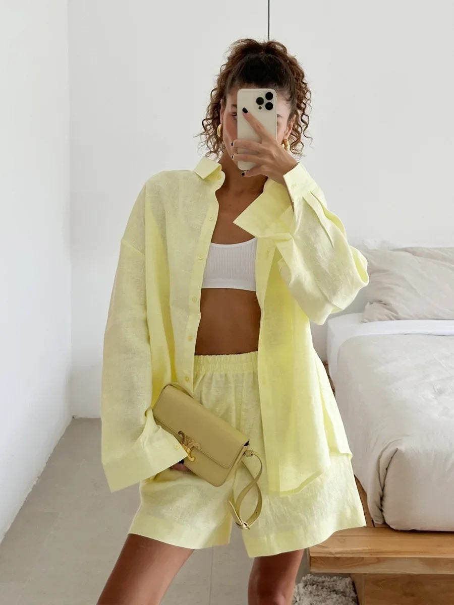 Damen lässige Leinenbluse und Shorts Set Sovae