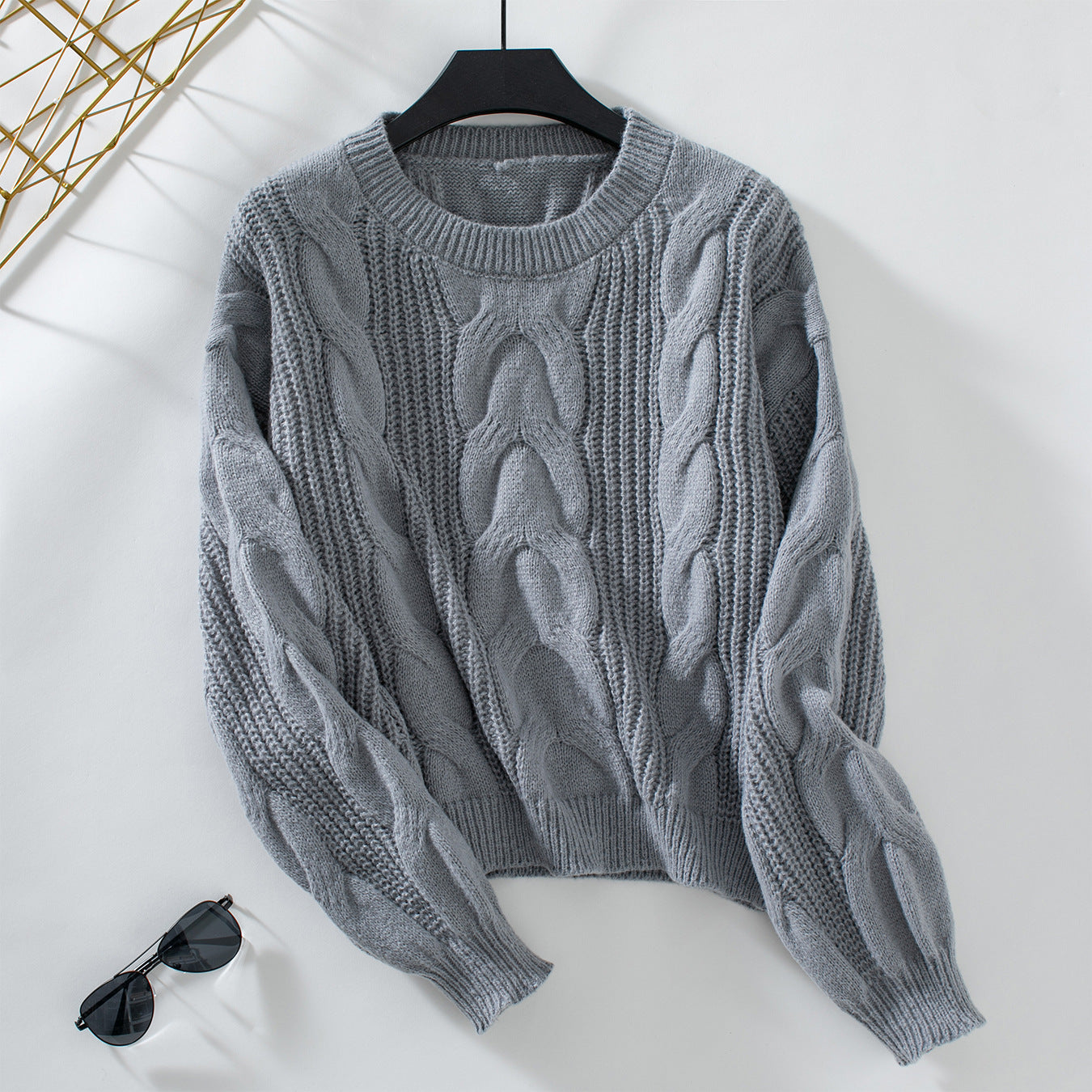 Damen grob gestrickter Pullover mit voluminösen Ärmeln und Zopfmuster Sovae