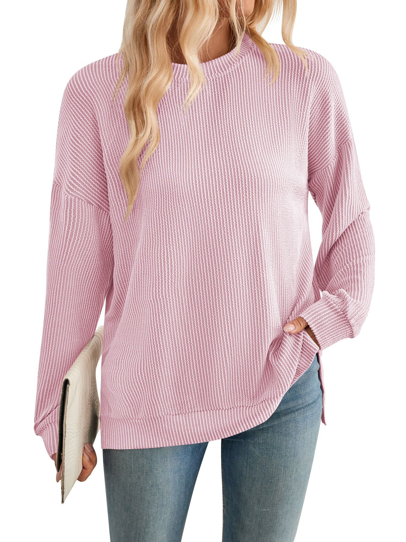 Damen lässiger Rippstrickpullover mit überschnittenen Schultern und Seitenschlitzen Sovae