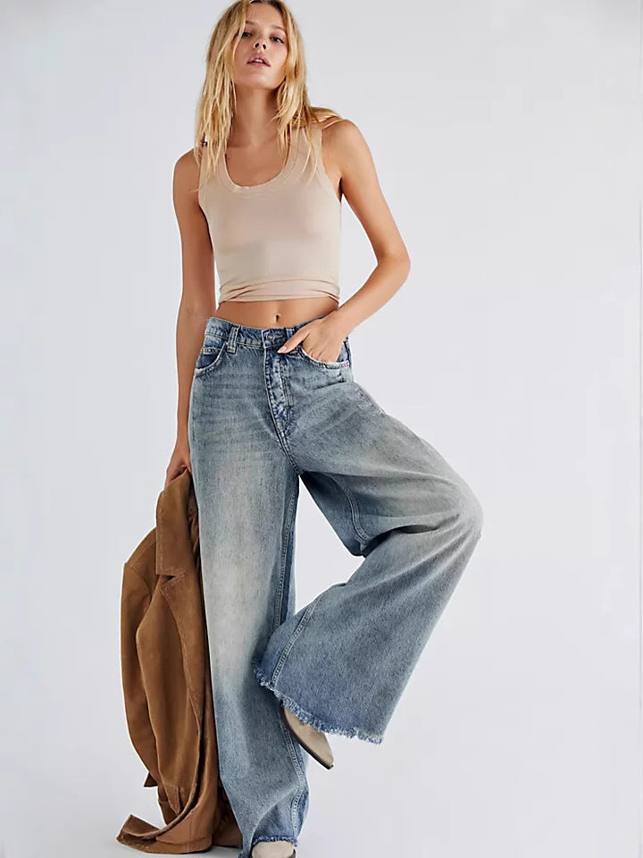 Damen Weit geschnittene Denim-Jeans mit fransigen Säumen Sovae