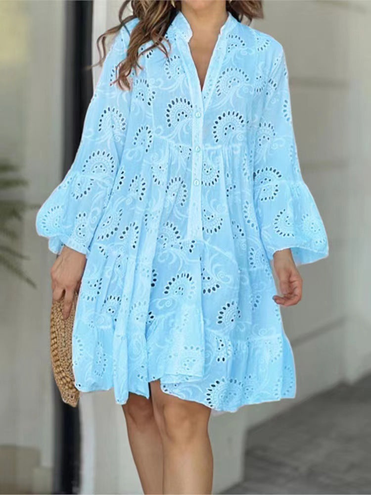 Damen luftiges Tunika-Kleid mit dekorativem Lochmuster Sovae