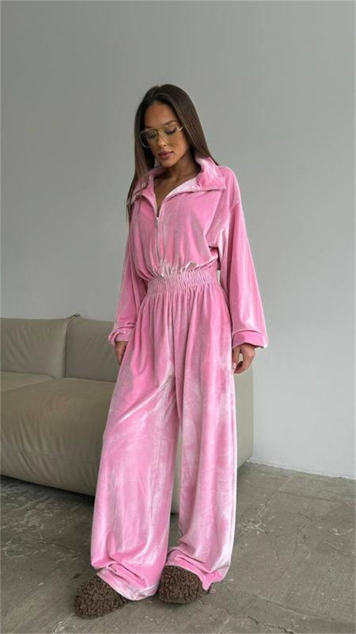Damen luxuriöser Velours-Jumpsuit mit hohem Kragen Sovae