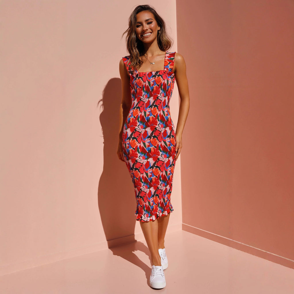 Damen Blumenmuster Midi-Kleid Sovae