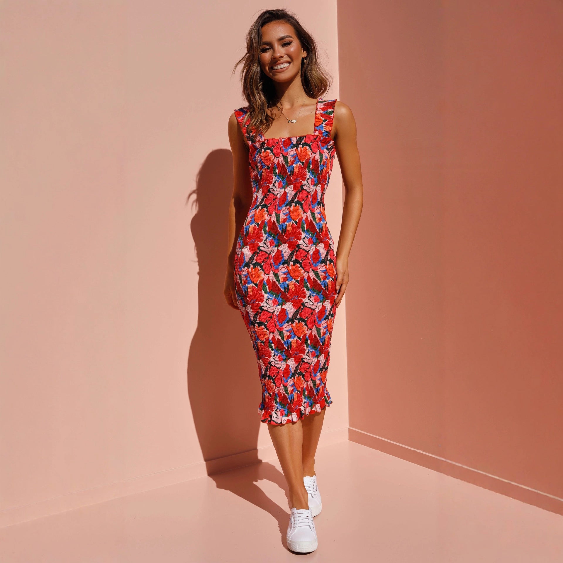 Damen Blumenmuster Midi-Kleid Sovae