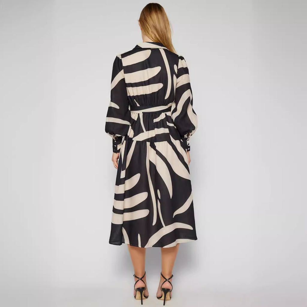 Damen Midi-Kleid mit tailliertem Gürtel und modernem Muster Sovae