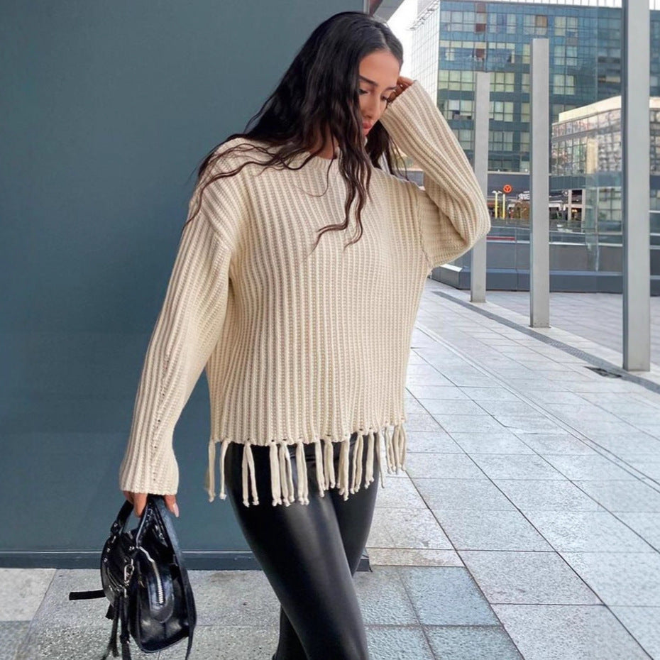 Damen Strickpulli mit Fransen Sovae