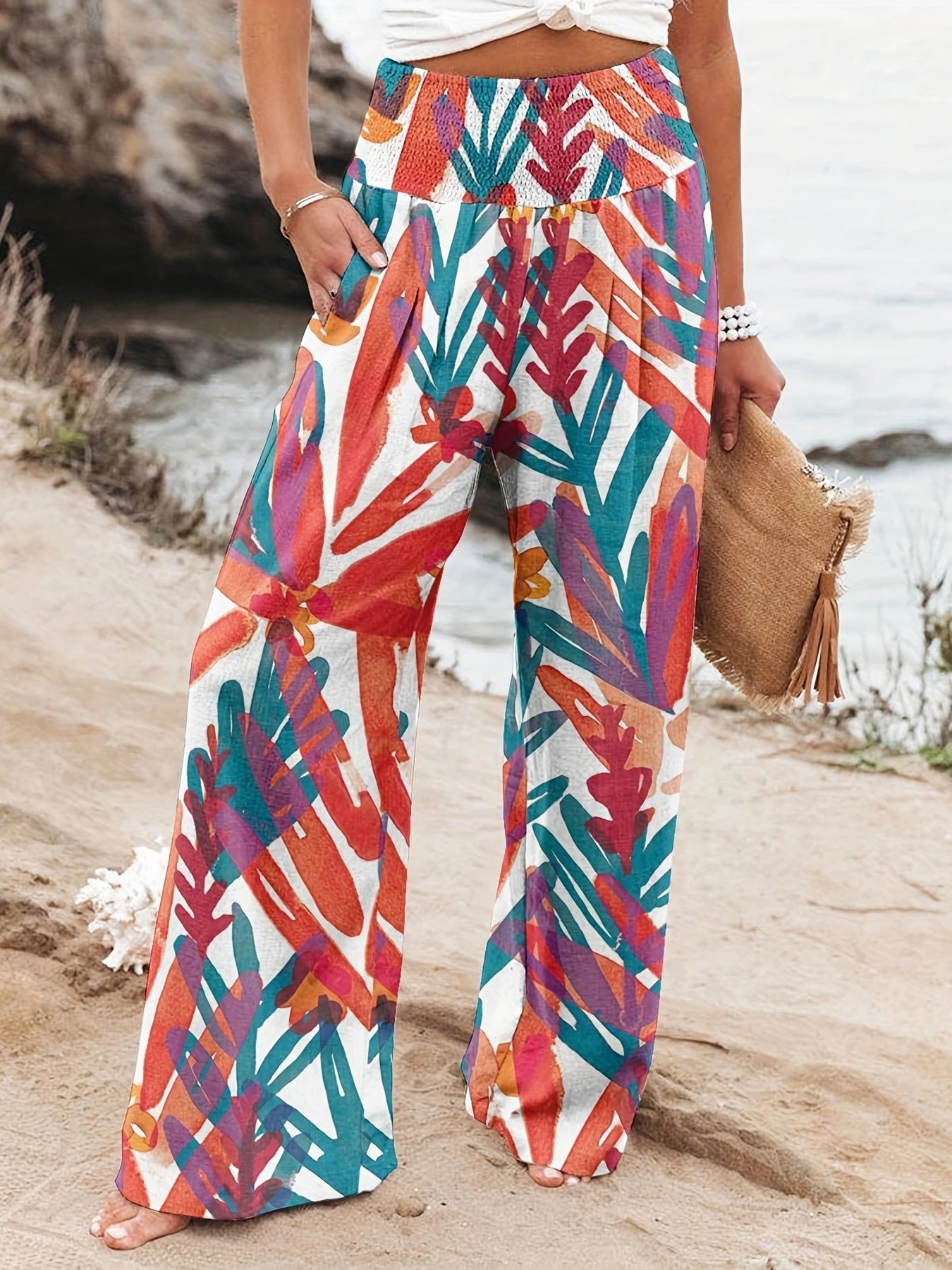 Damen Weit geschnittene Sommerhose mit floralem Print und elastischem Bund Sovae