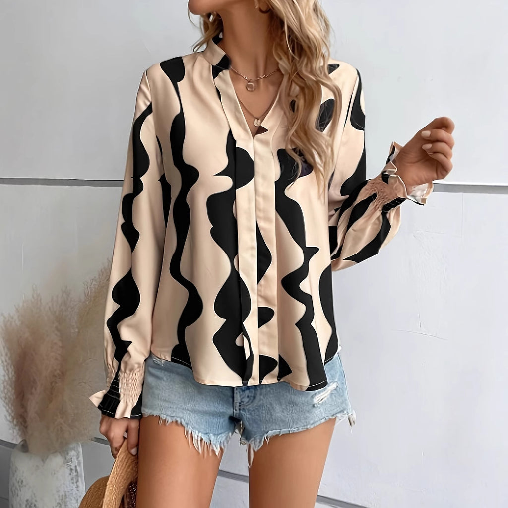 Damen Bluse mit modernem Wellenmuster und elastischen Ärmelabschlüssen Sovae