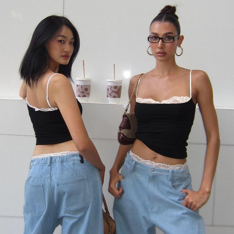 Damen Spaghettiträger Shirt mit Spitze Sovae