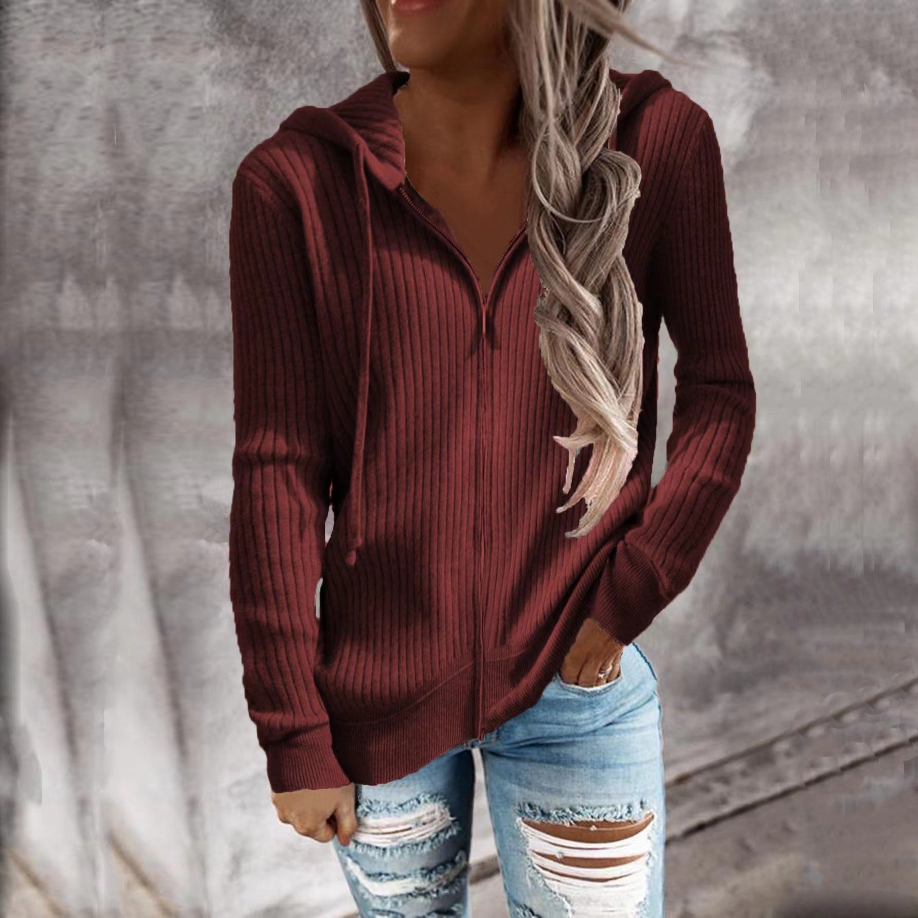 Damen lässige Strickjacke mit Kapuze und Rippenstruktur Sovae