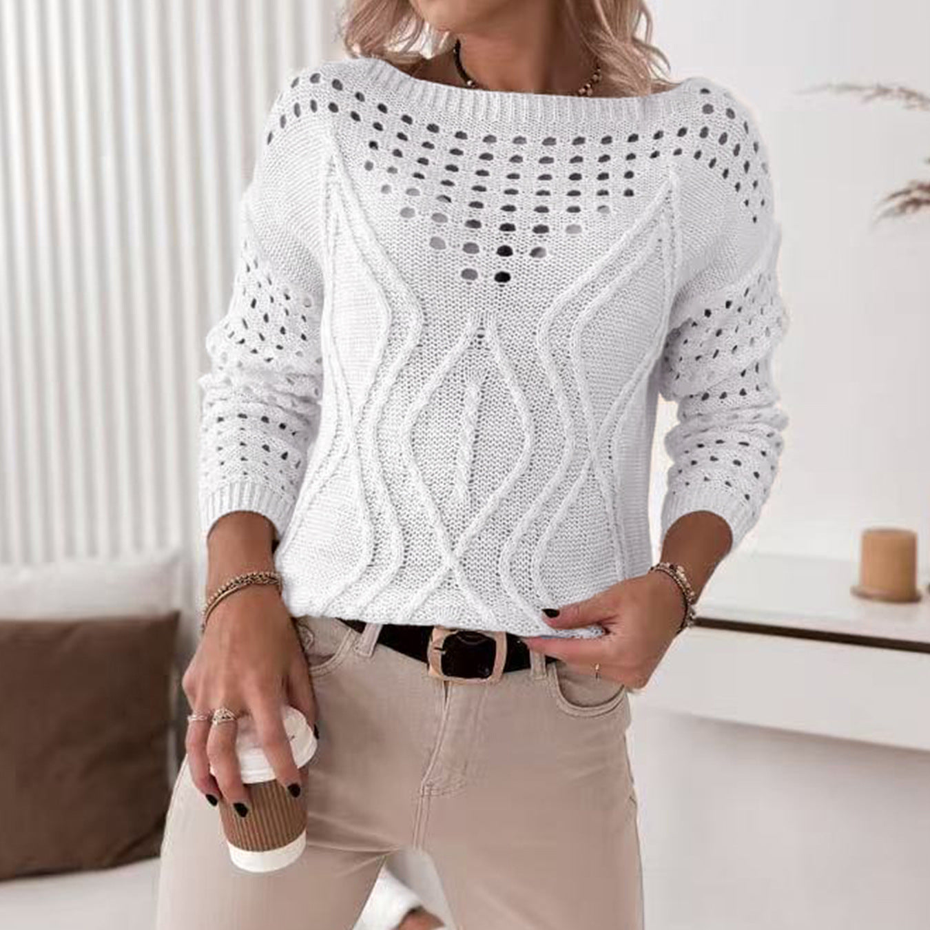Damen Strickpullover mit luftigen Lochmustern und zartem Zopfdesign Sovae
