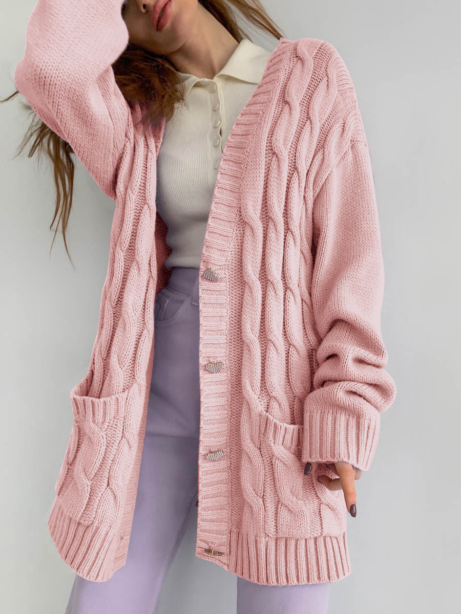 Damen Grobstrick-Cardigan mit herzförmigen Knöpfen und seitlichen Taschen Sovae