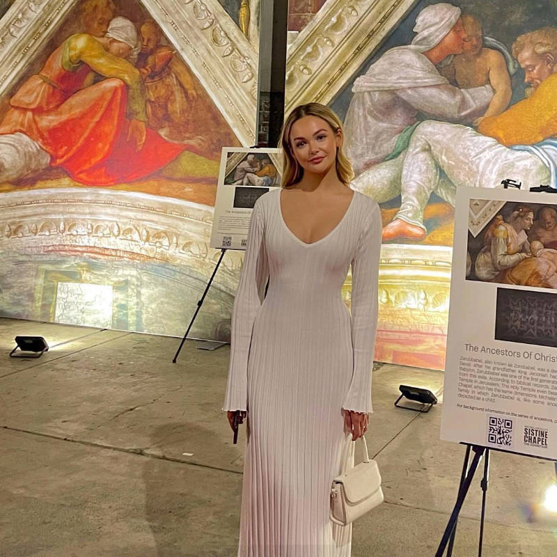 Damen Plissiertes Maxikleid mit V-Ausschnitt und langen Ärmeln Sovae