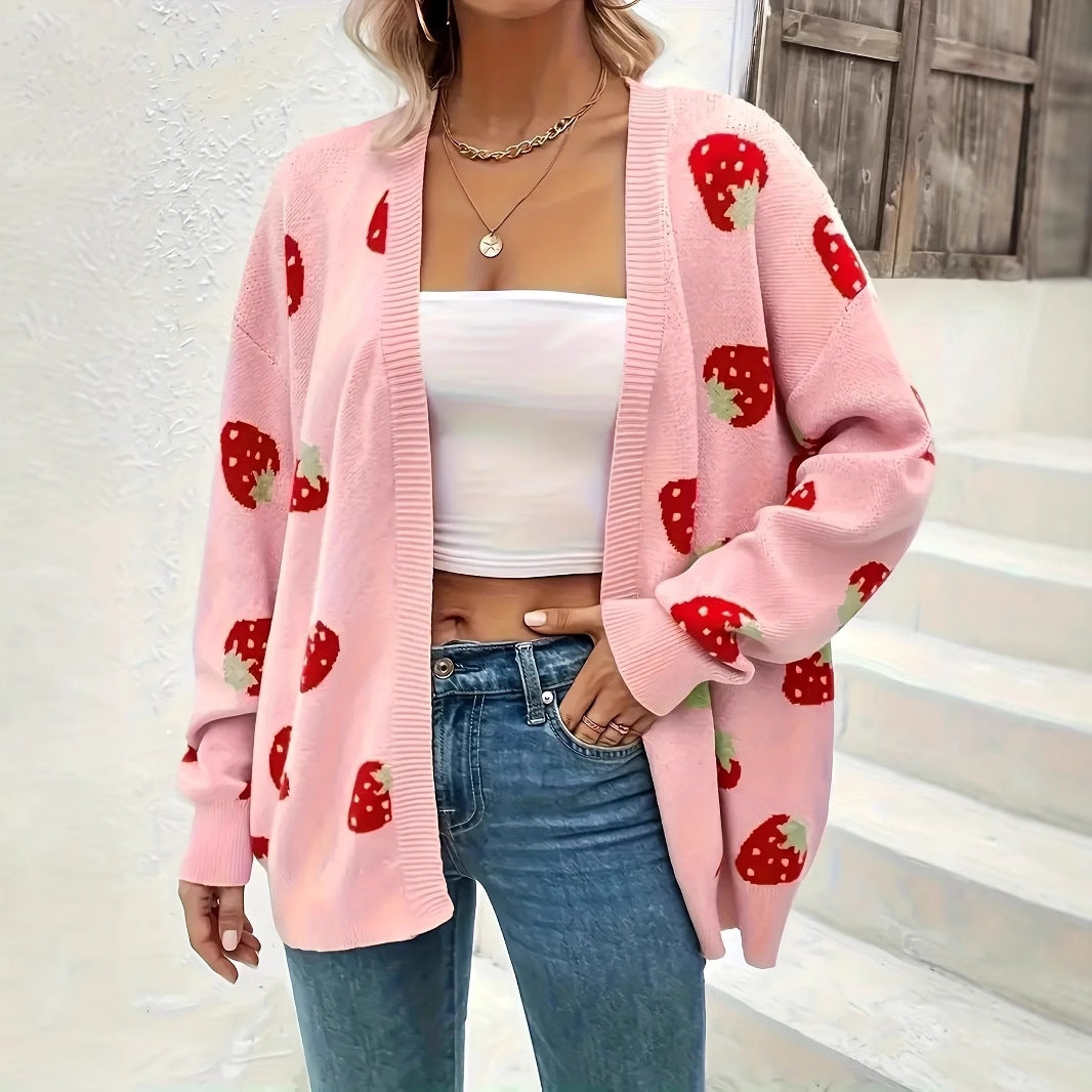 Damen Strickjacke mit fröhlichem Erdbeer-Muster und weichem Material Sovae