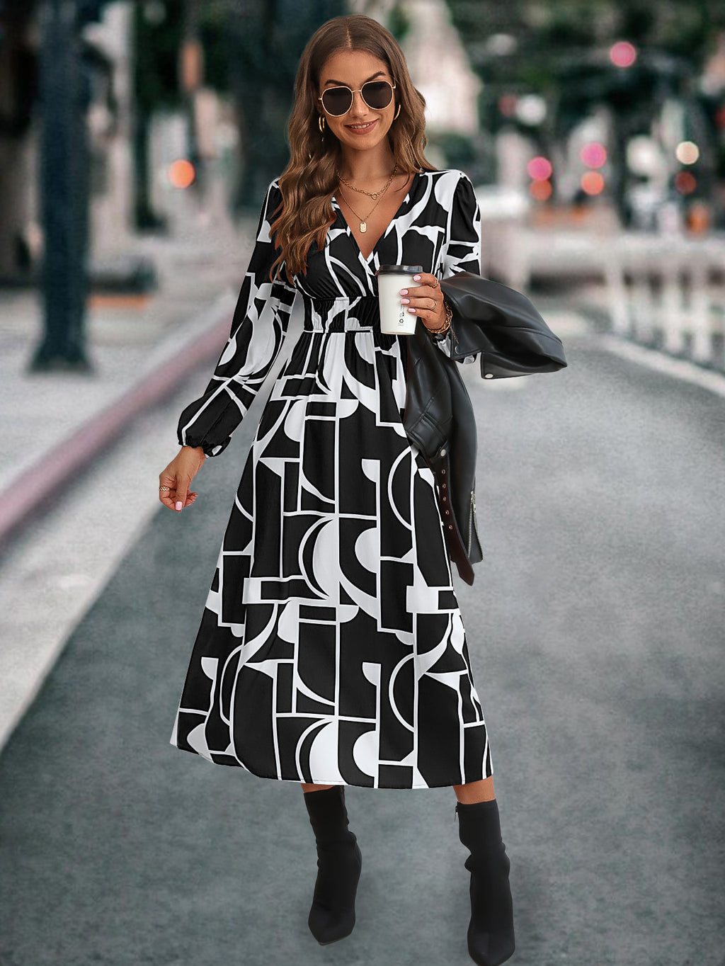 Damen Midikleid mit modernem geometrischen Muster und elastischem Bund Sovae