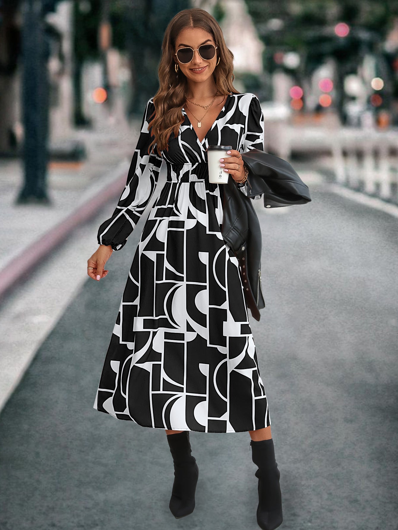 Damen Midikleid mit modernem geometrischen Muster und elastischem Bund Sovae