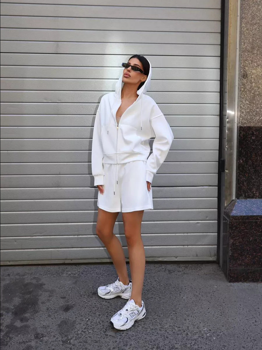 Damen sportliches Cropped Hoodie und Shorts Set Sovae