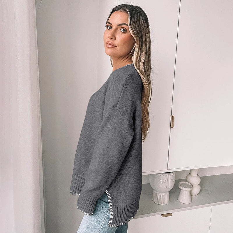 Damen Strickpullover mit dekorativem Saum und weiten Ärmeln Sovae