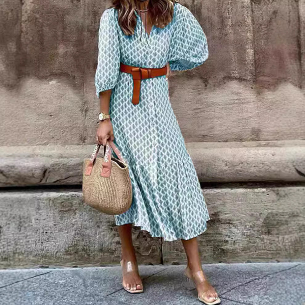 Damen Midi-Kleid mit eleganten Knopfdetails und voluminösen Ärmeln Sovae