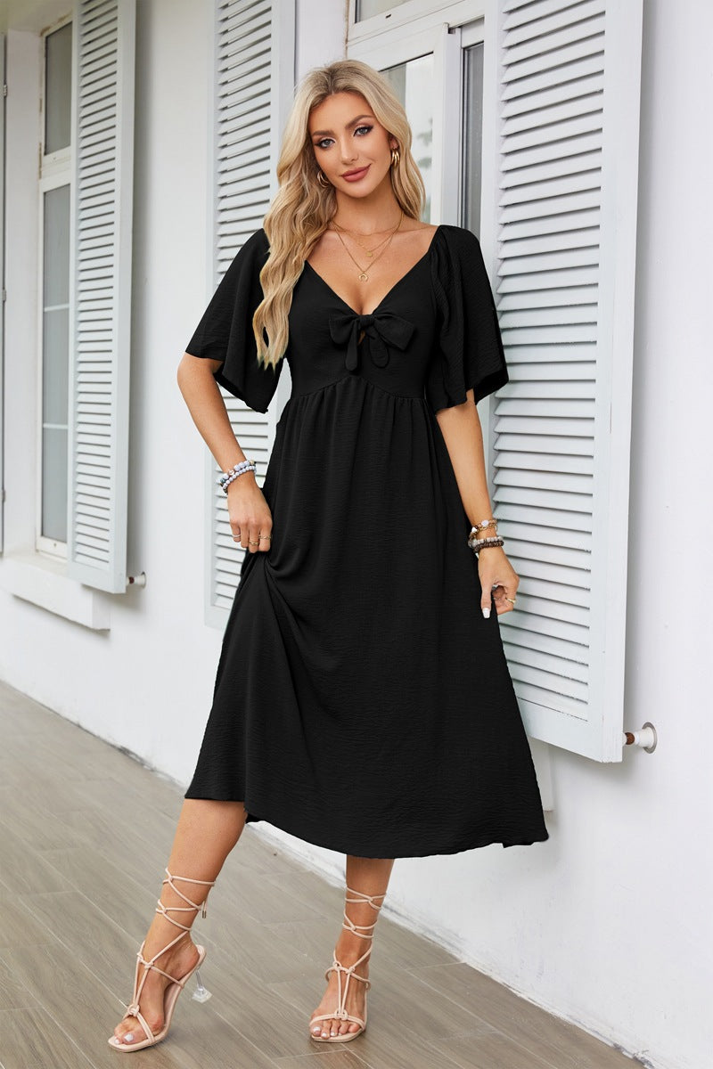 Damen Midikleid mit vorteilhaftem Bindeband und weiten Ärmeln Sovae
