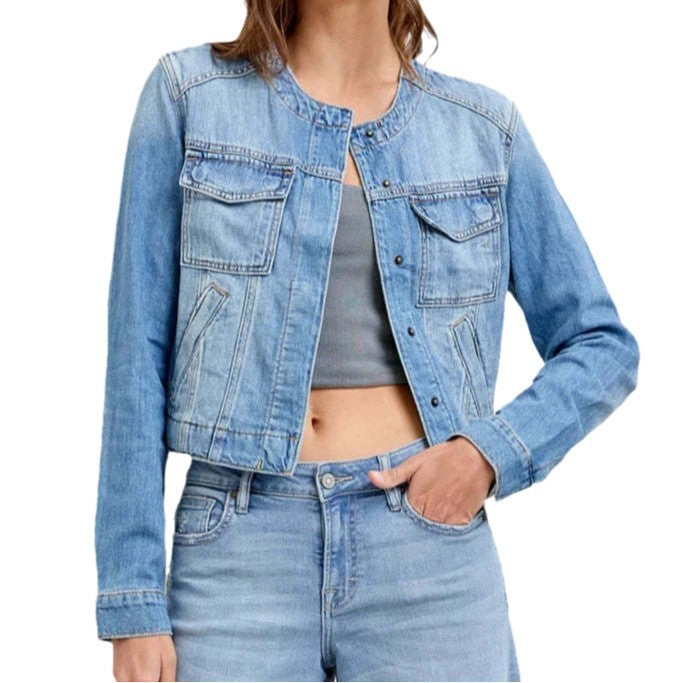 Damen cropped Jeansjacke mit klassischem Schnitt und praktischen Taschen Sovae