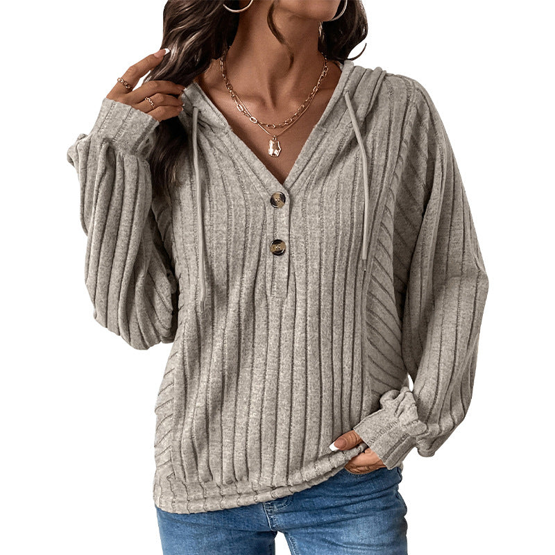 Damen Strickpullover mit Kapuze und Knopfdetail Sovae