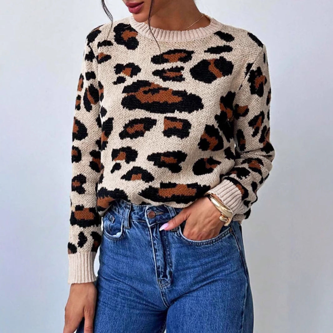 Damen kuscheliger Strickpullover mit Leopardenmuster und überschnittenen Schultern Sovae
