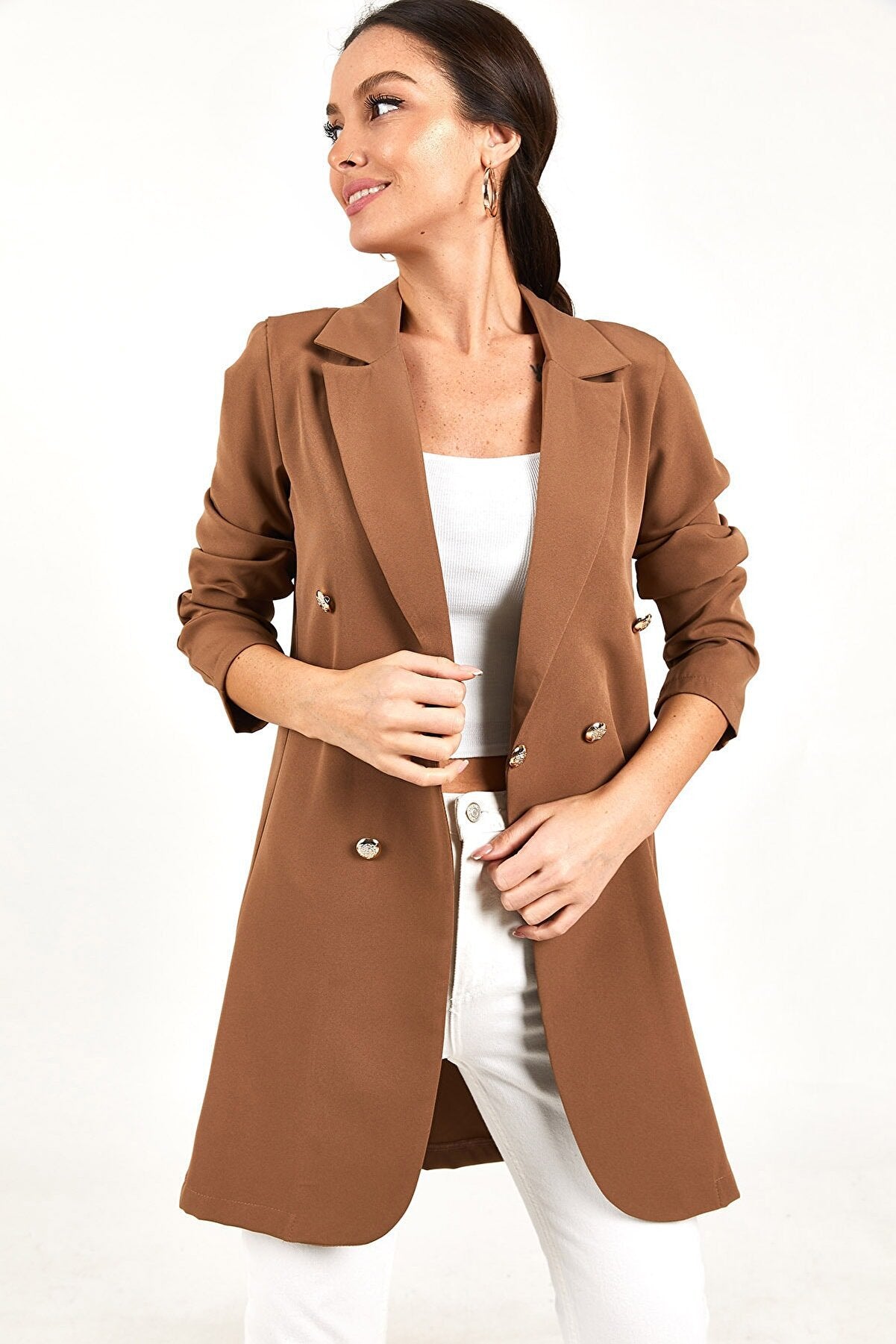 Damen eleganter Longblazer mit doppelter Knopfreihe Sovae