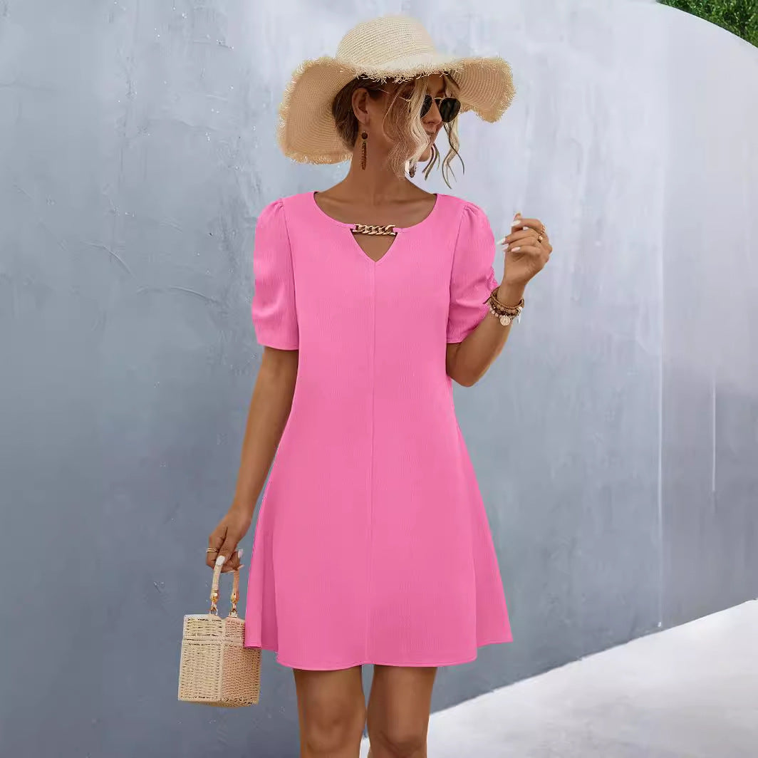 Damen elegantes Kurzarmkleid mit schickem Ausschnitt und verspielten Puffärmel Sovae