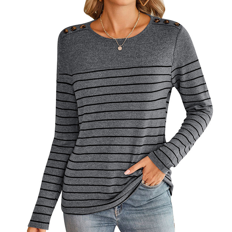 Damen modisches Langarmshirt mit Streifenmuster und dekorativen Knöpfen Sovae
