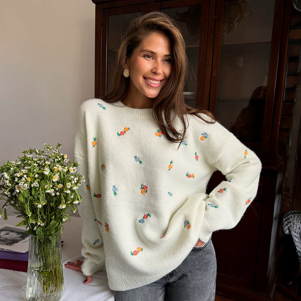 Damen Verspielter Pullover mit floralen Stickereien Sovae