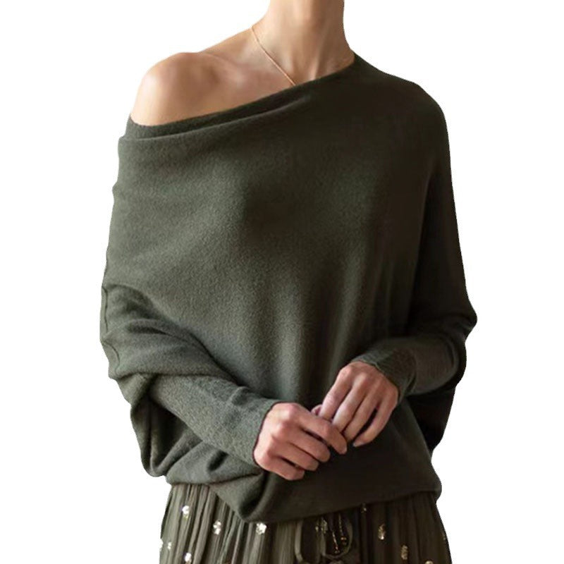 Damen eleganter asymmetrischer Strickpullover mit klarem Rundhalsausschnitt Sovae