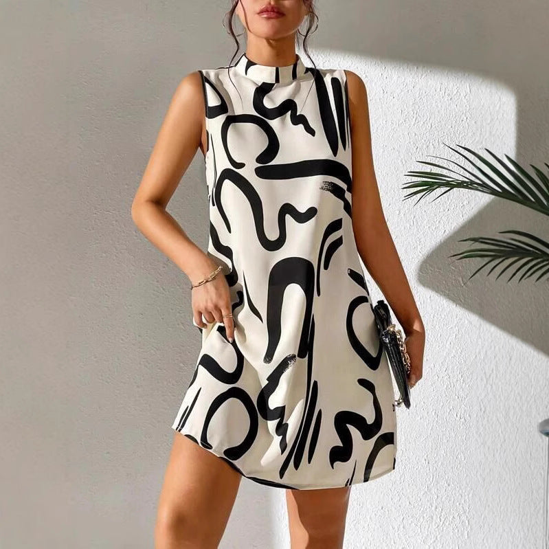 Damen A-linien Minikleid mit modernem grafischem Muster und Stehkragen Sovae