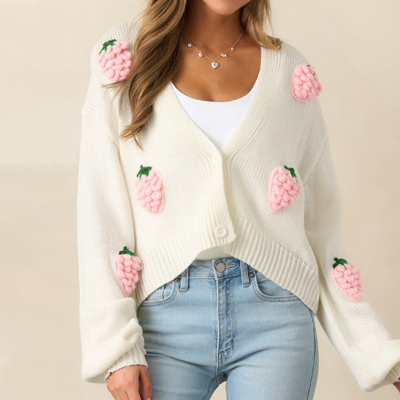Damen lässige Strickjacke mit fruchtigen Applikationen und offenen Ärmeln Sovae