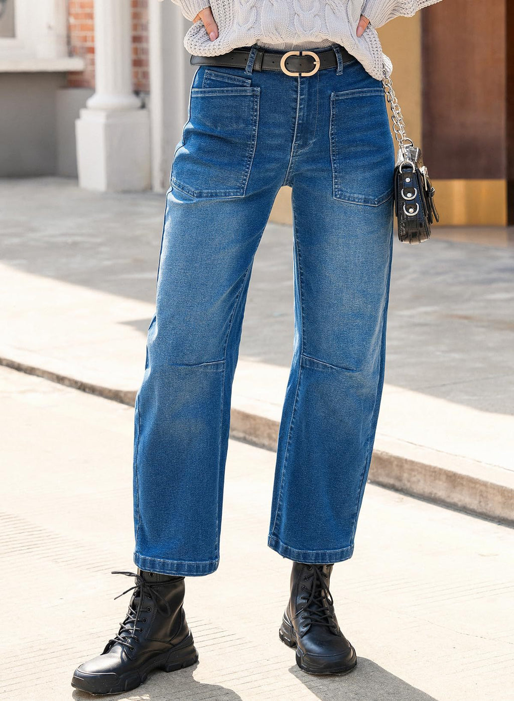 Damen Baggy Jeans mit tiefem Schritt und praktischen Taschen Sovae
