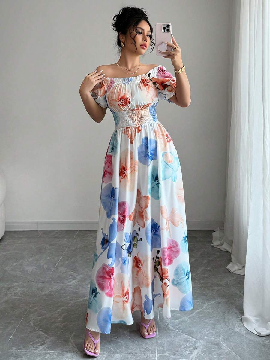 Damen Maxikleid mit floralen Akzenten und Puffärmeln Sovae
