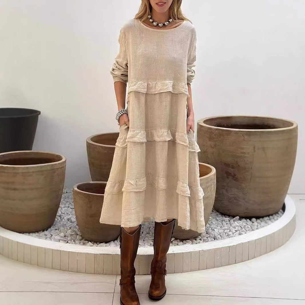 Damen luftiges Leinen-Midikleid mit Rüschendetails Sovae
