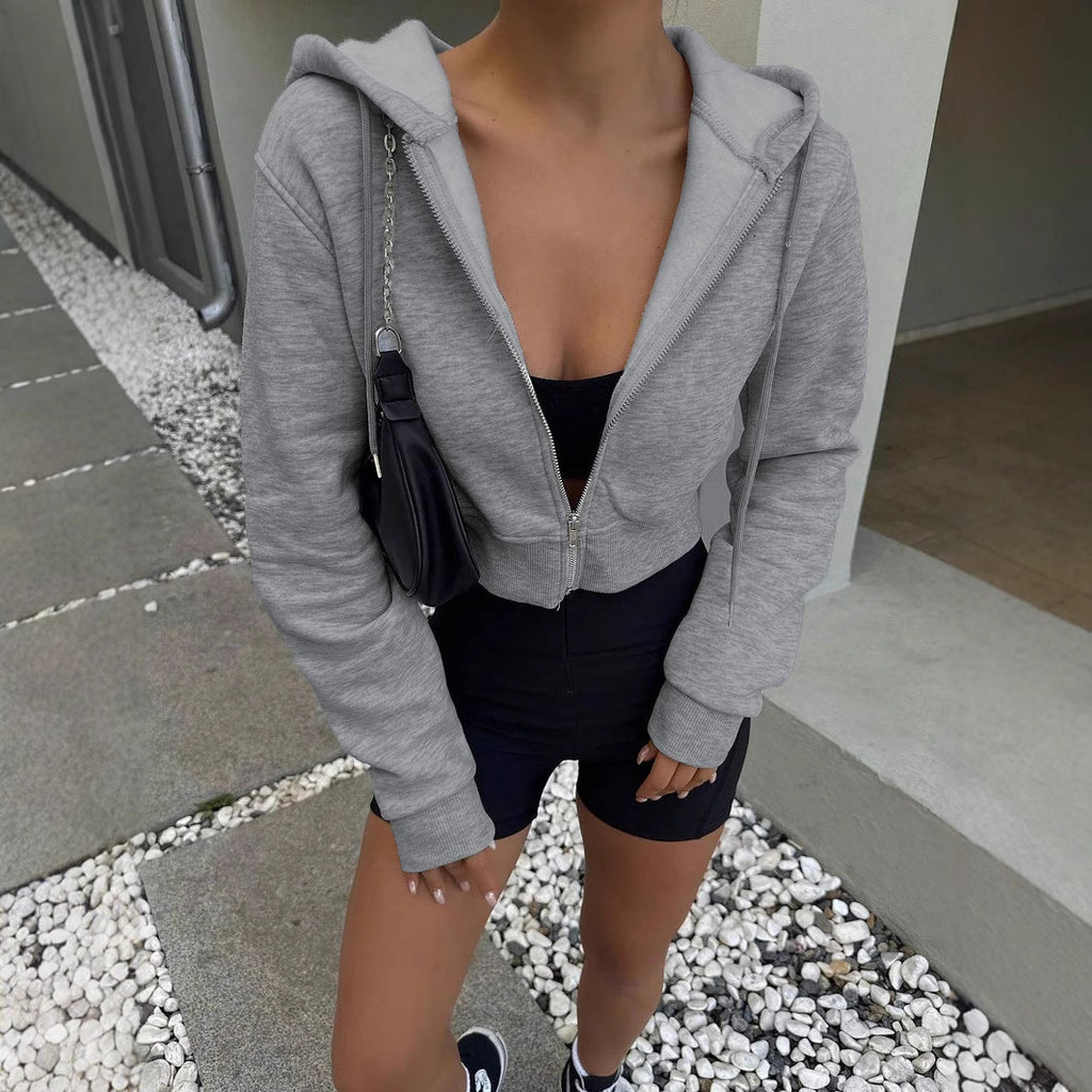 Damen cropped Kapuzenjacke mit Reißverschluss und lässigem Schnitt Sovae