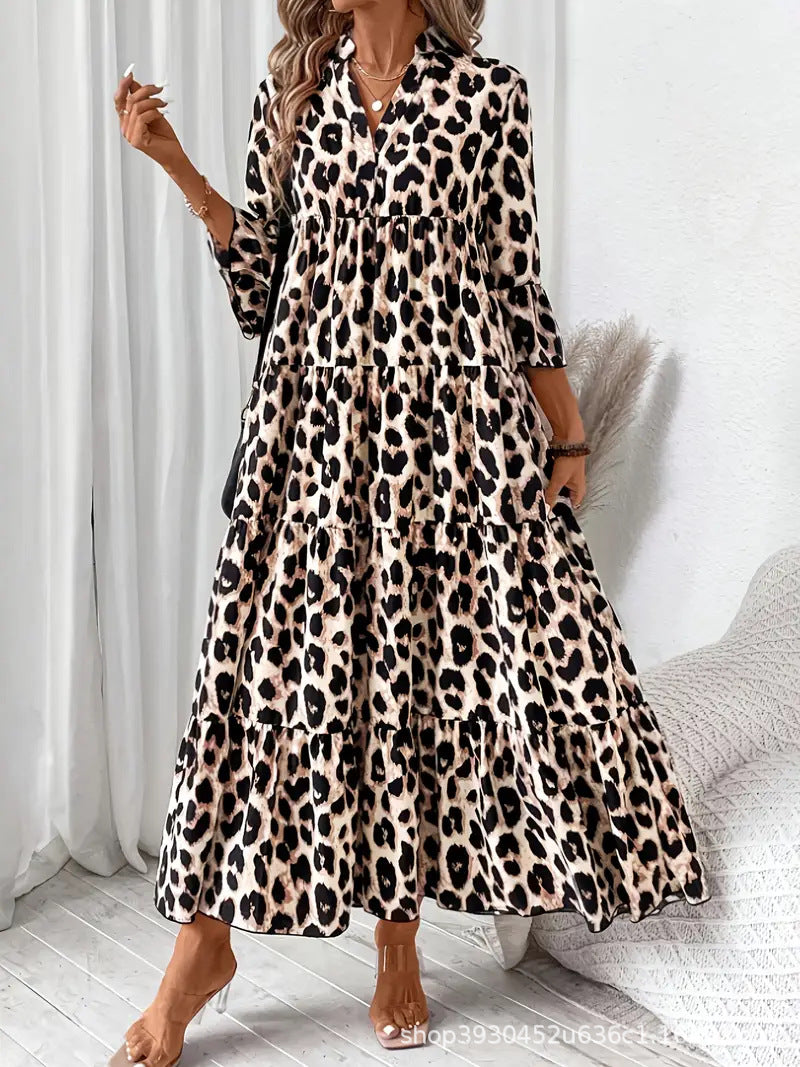 Damen Tiermuster Maxikleid mit voluminösen Puffärmeln Sovae