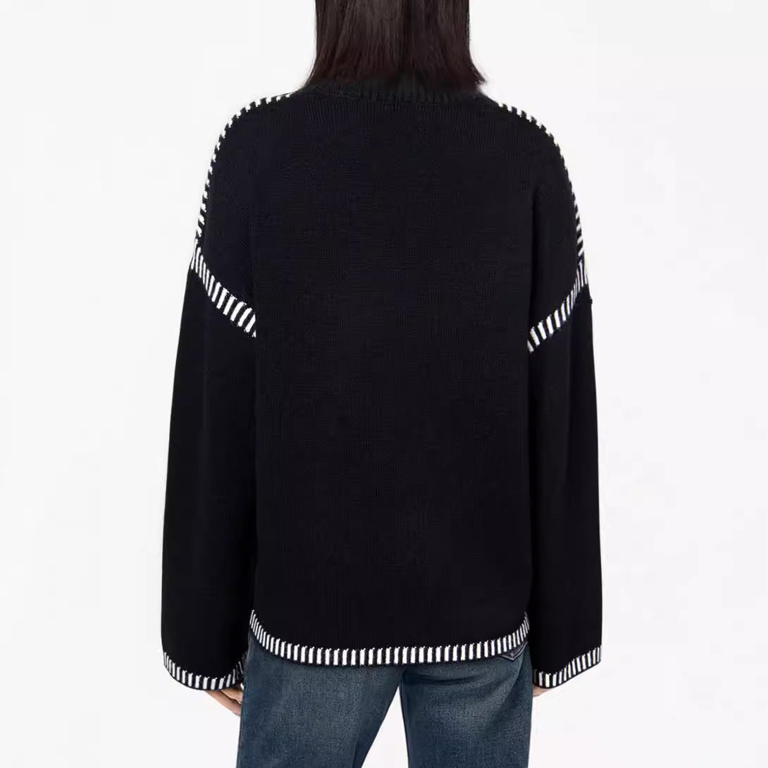 Damen lässiger Strickpullover mit kontrastierenden Bündchen und lässigem Schnitt Sovae