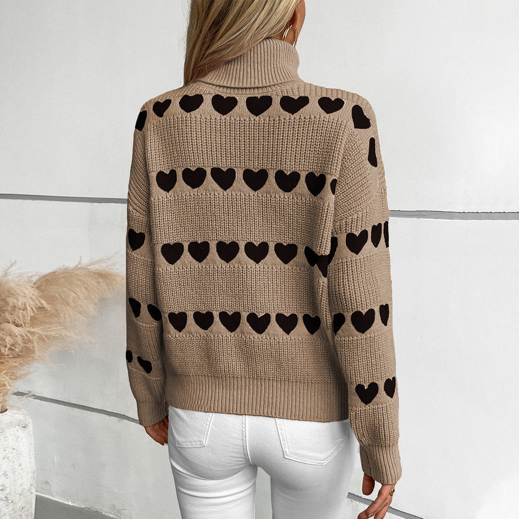 Damen Strickpullover mit Herzmuster und hohem Kragen Sovae