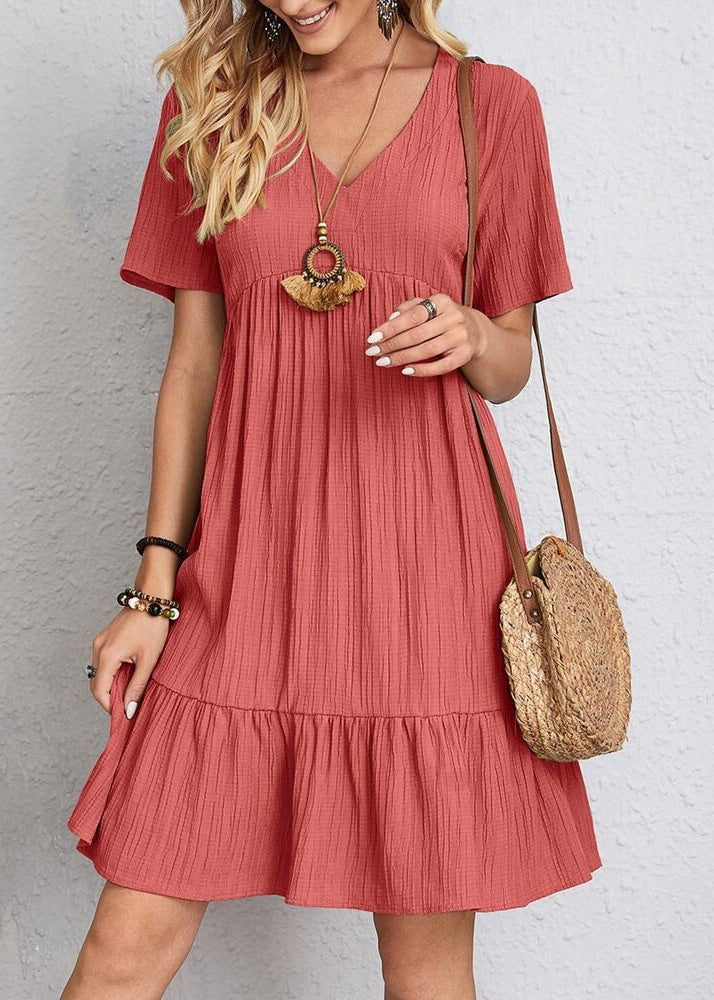 Damen Sommerliches V-Ausschnitt Kleid mit Volant Säume Sovae