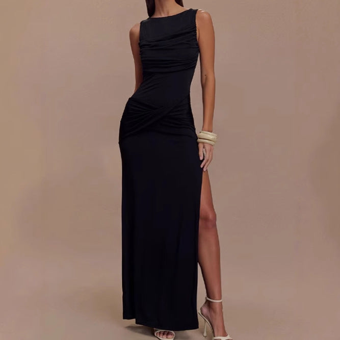 Damen Elegantes Maxi-Kleid mit drapiertem Oberteil und seitlichem Schlitz Sovae