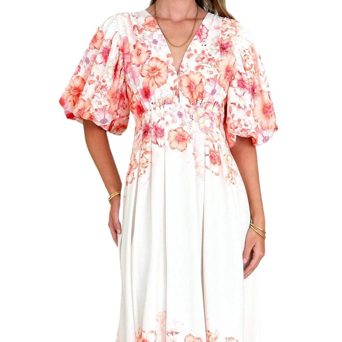 Damen luftiges Maxikleid mit voluminösen Ärmeln und floralem Print Sovae