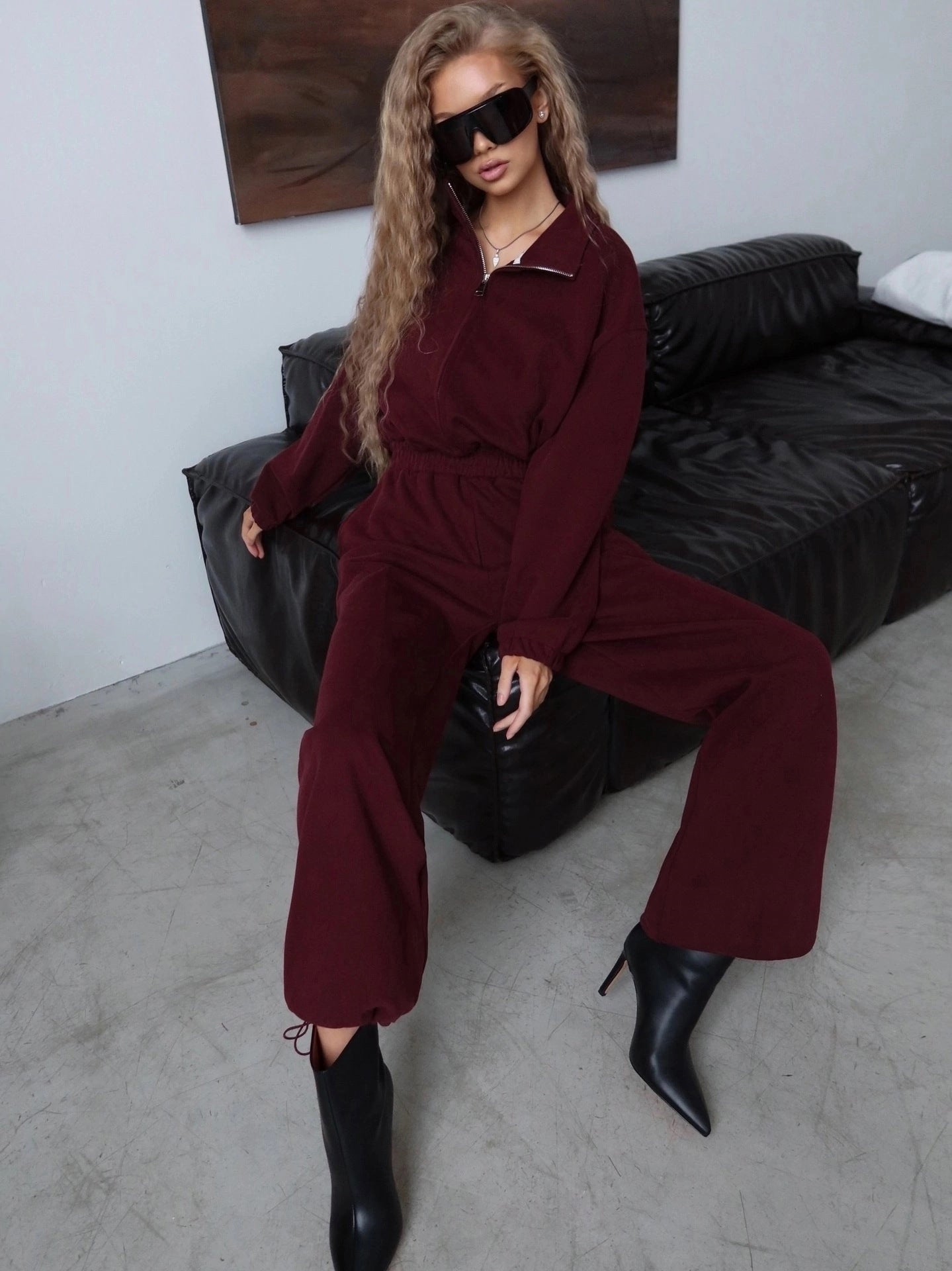 Damen Fleece-Loungewear-Overall mit hohem Kragen Sovae