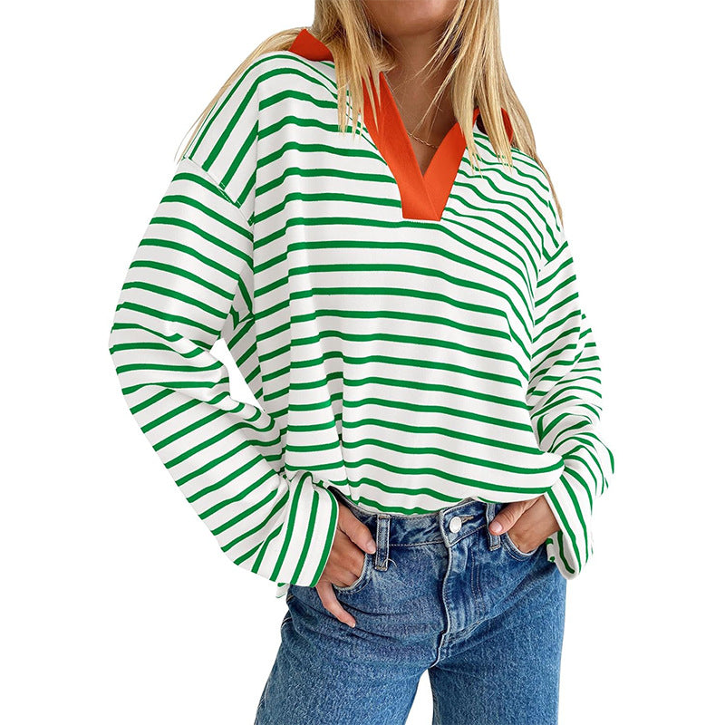 Damen Lässiger und modischer Pullover mit breiten Streifen und V-Ausschnitt Sovae