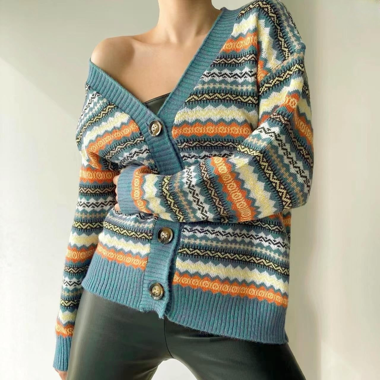 Damen lässiger Strickcardigan mit buntem Muster und Knopfleiste Sovae