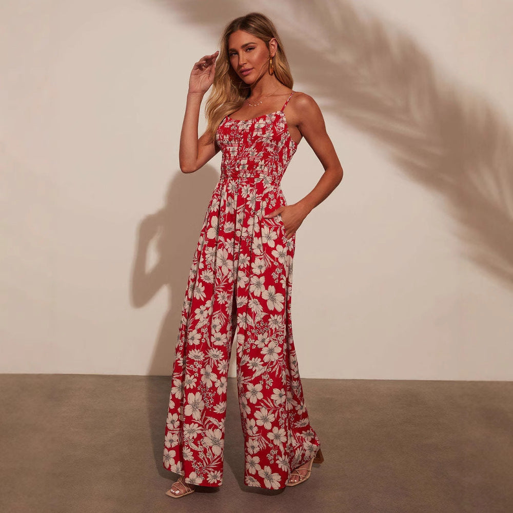 Damen luftiges Maxikleid mit elastischem Taillengürtel und feinem Blumenprint Sovae