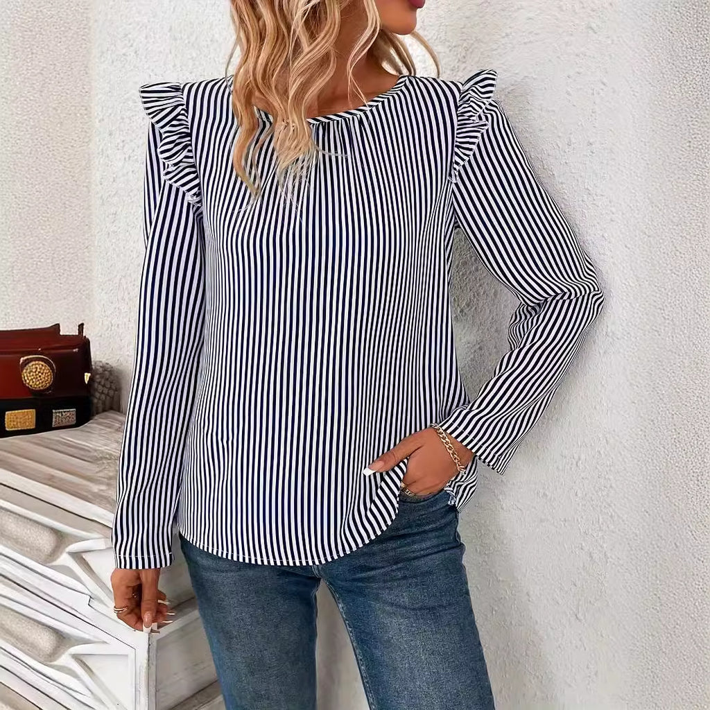 Damen Bluse mit Rüschen und gestreiftem Design Sovae